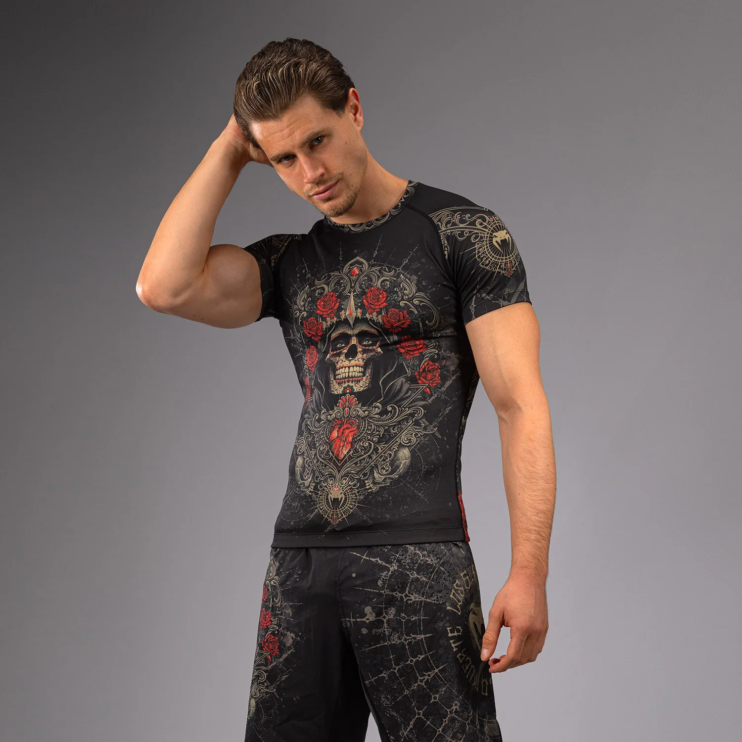 Venum Santa Muerte 5.0 Herren Kurzarm Rashguard - Tiefes Schwarz/Gold