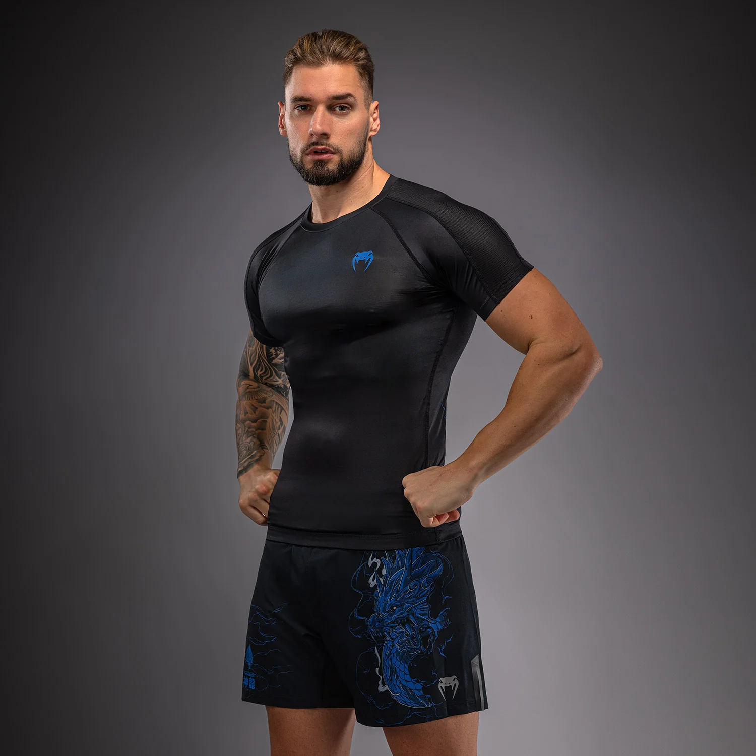 Venum Thunder Dragon Kurzarm Rashguard  – Schwarz/Königsblau