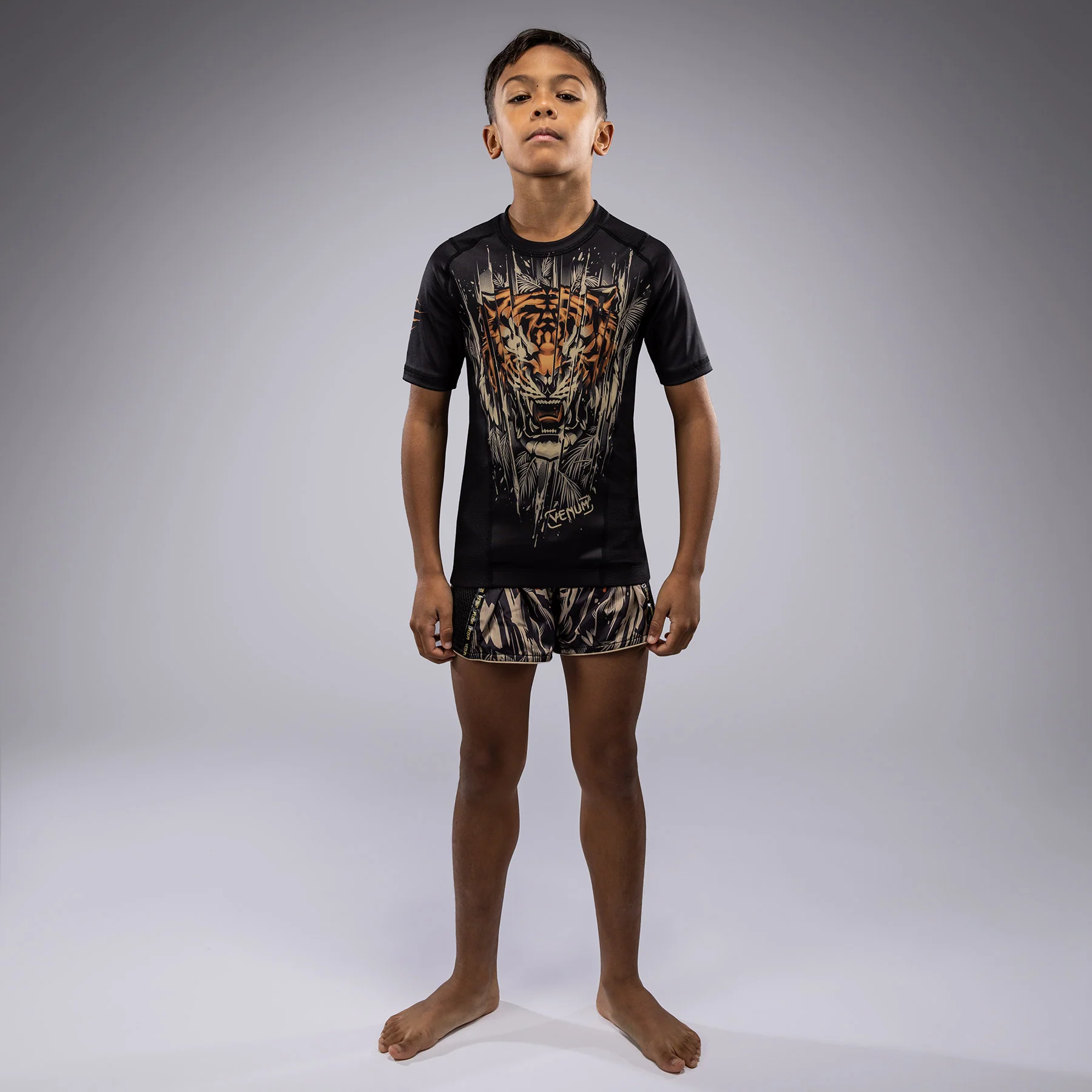 Venum Tiger Kinder Kurzarm Rashguard - Schwarz/Neon Orange - Image 6