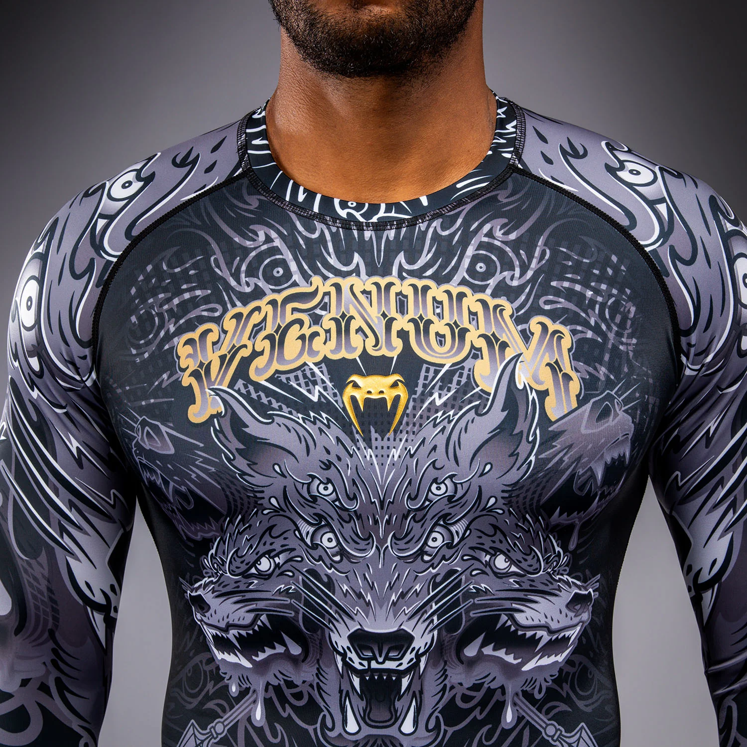 Venum Wolf Atak Langarm Rashguard – Schwarz/Grau - Image 5