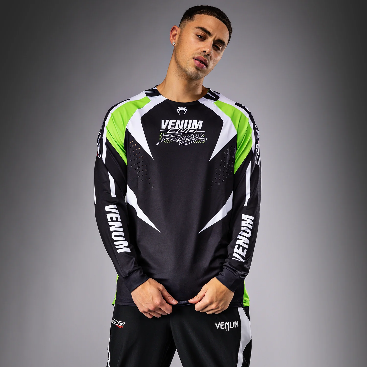 Venum x Bud Racing Herren Dry-Tech T-Shirt - Schwarz/Weiß/Limettengrün